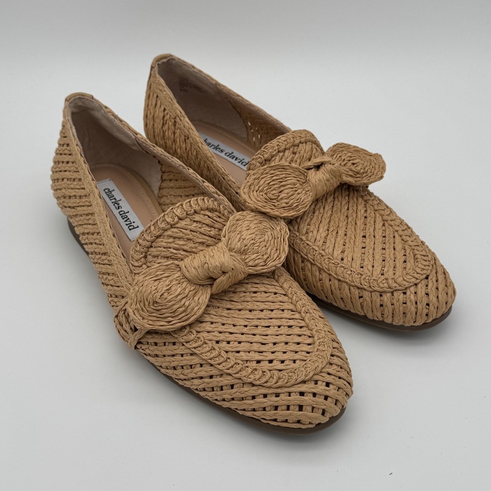 Charles David Finite Raffia Loafers Tan Woven Bow Flats 8M